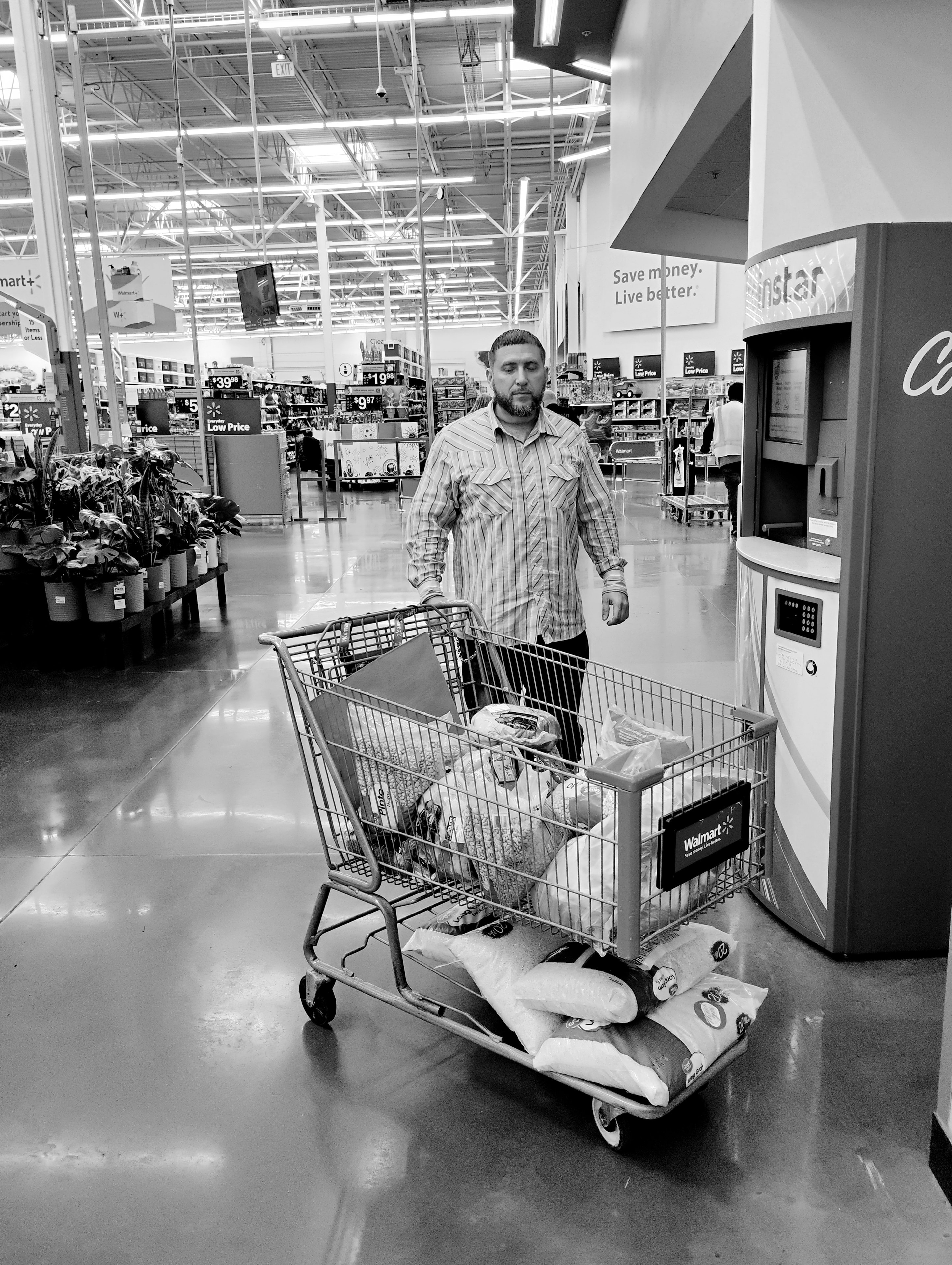 Richard pushing full shopping cart of food at Walmart